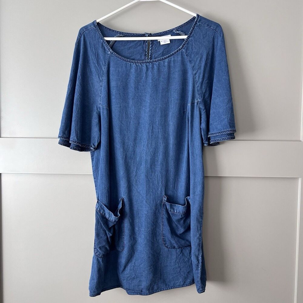 Cooperative Chambray Denim Mini Dress Women Medium Flutter Sleeve Pocket Scoop